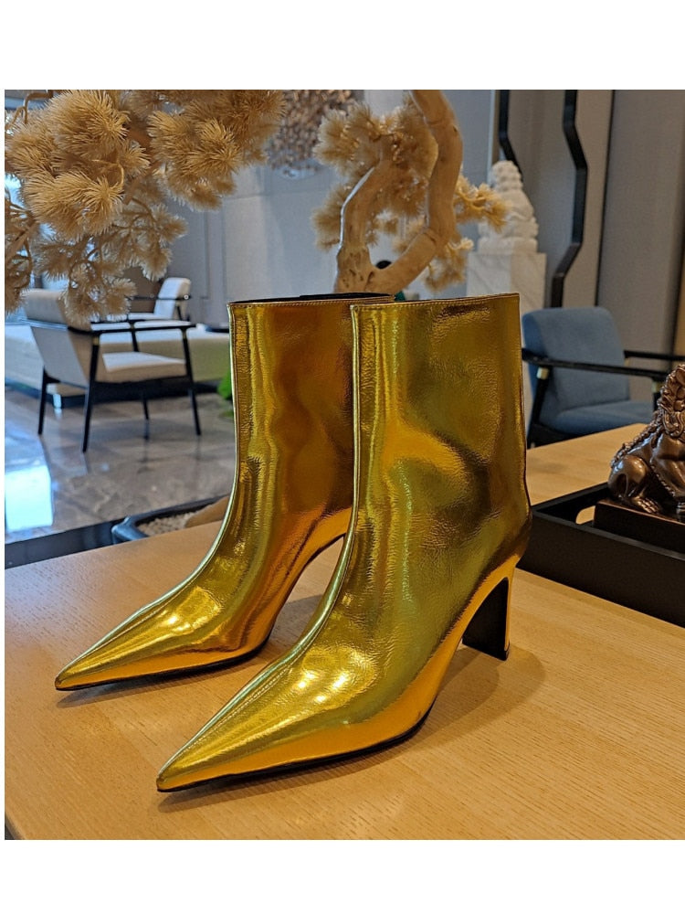 Women's New Pointed Thick Heel Sleeve Knee High Boots Fashion Fashion Show Gold Large Winter Boots 262Gold short