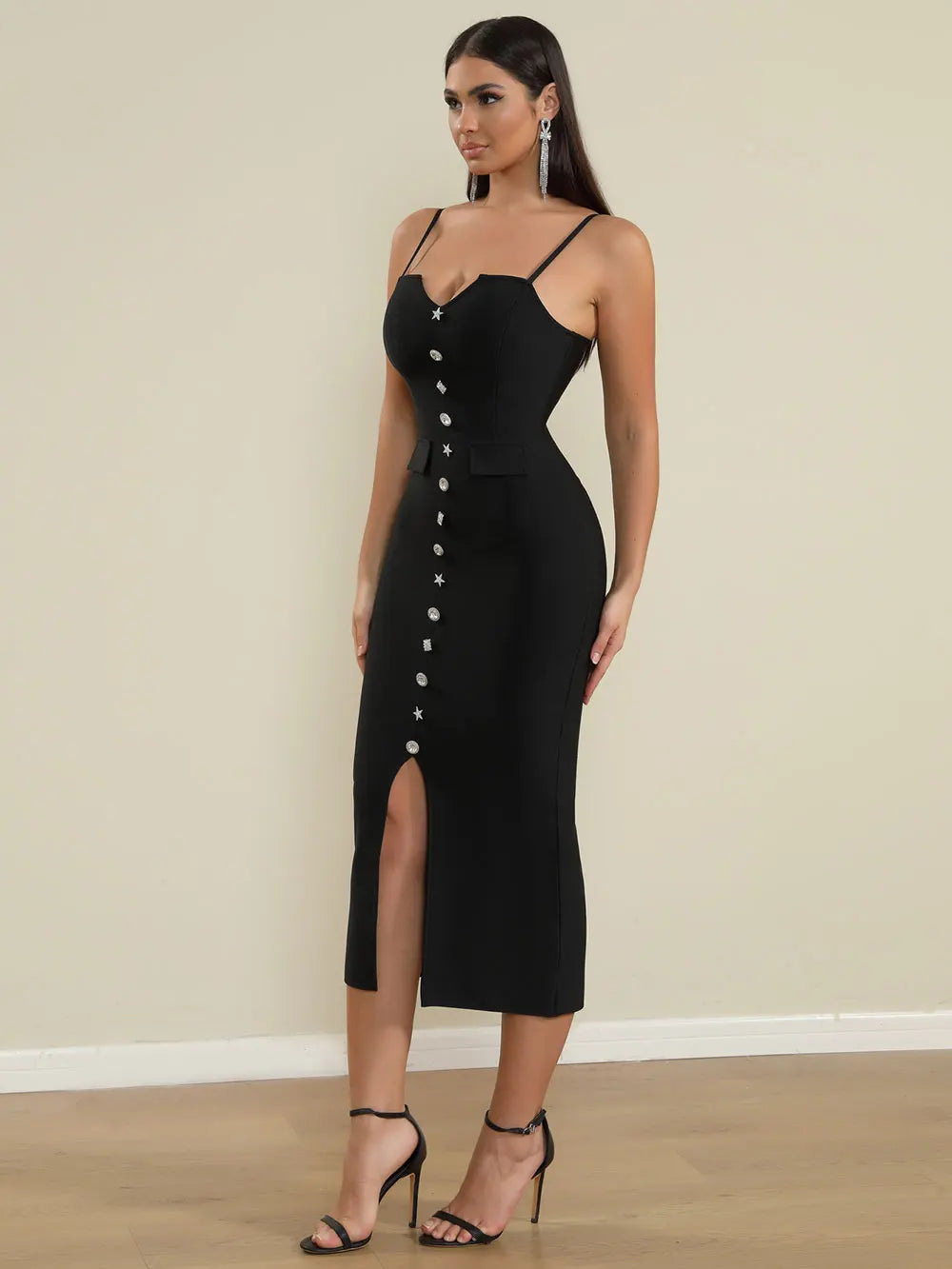 2025 Sexy Women'S Bandage Dress Spaghetti Strap Sleeveless Rhinestone Button Design Bodycon Backless Split Midi Dresses Vestidos