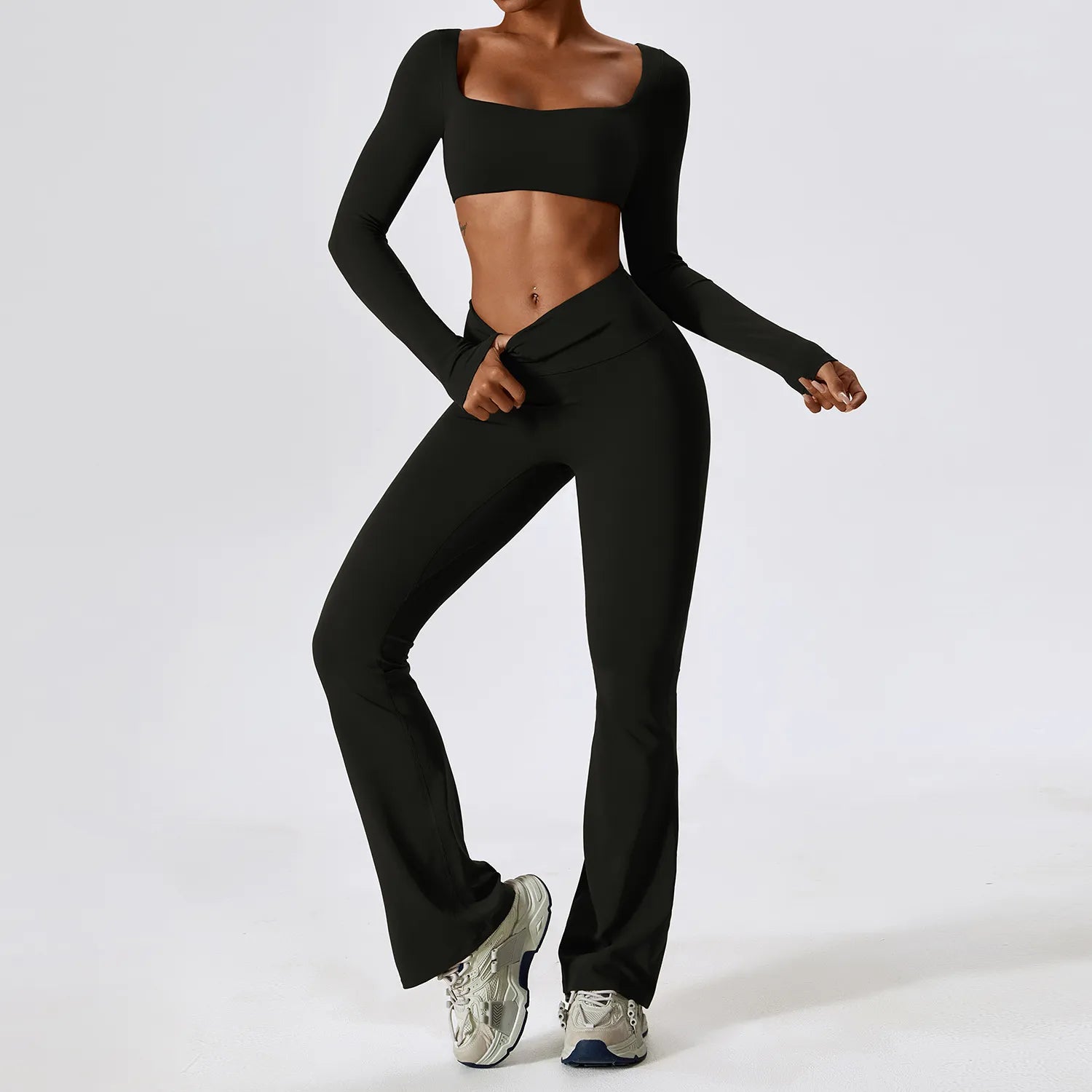 2 Pieces Women Tracksuit Yoga Set Workout Sportswear Gym Clothing Fitness Long Sleeve Crop Top High Waist Leggings Sports Suits Advanced Black Set-3