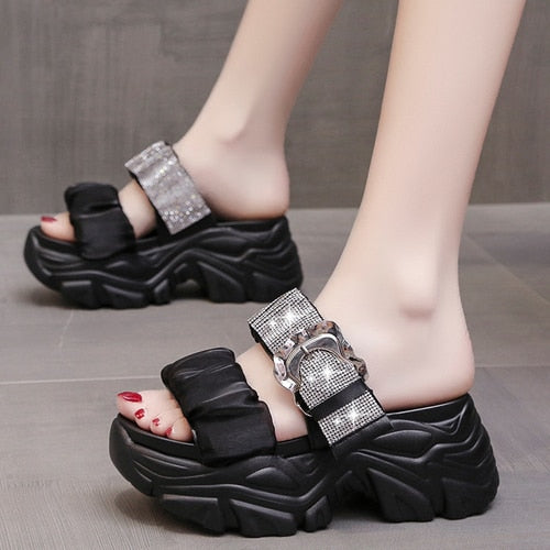 Thick-soled Slippers Women's Summer New Outerwear Fashion Rhinestone Inner Heightening Slimming Slope Heel Sandals and Slippers Black