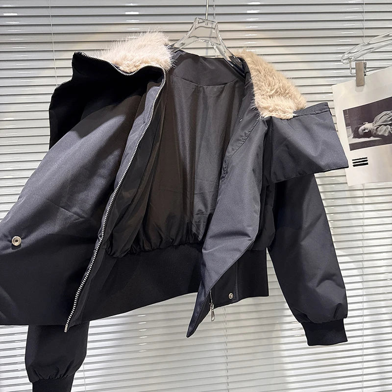 Winter New Fashiona Zipper Big Fur Sailor Collar Waist-Cinching Short Cotton Jacket For Women Short Coat 11A07588