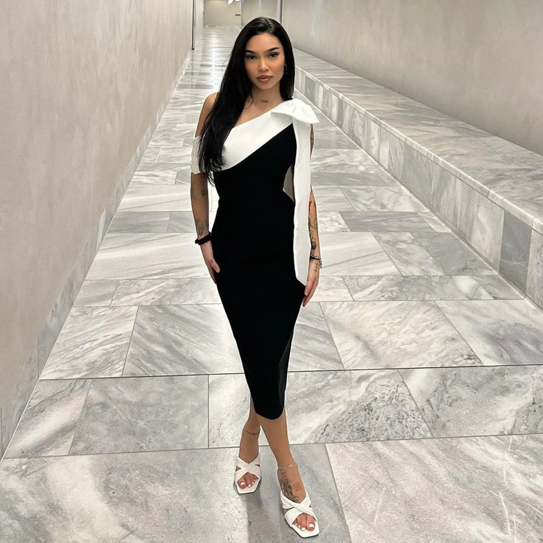 Women Sexy Slash Neck Off the Shoulder Big Bow Bodycon Midi Bandage Dress Elegant Evening Party Celebrate Dress