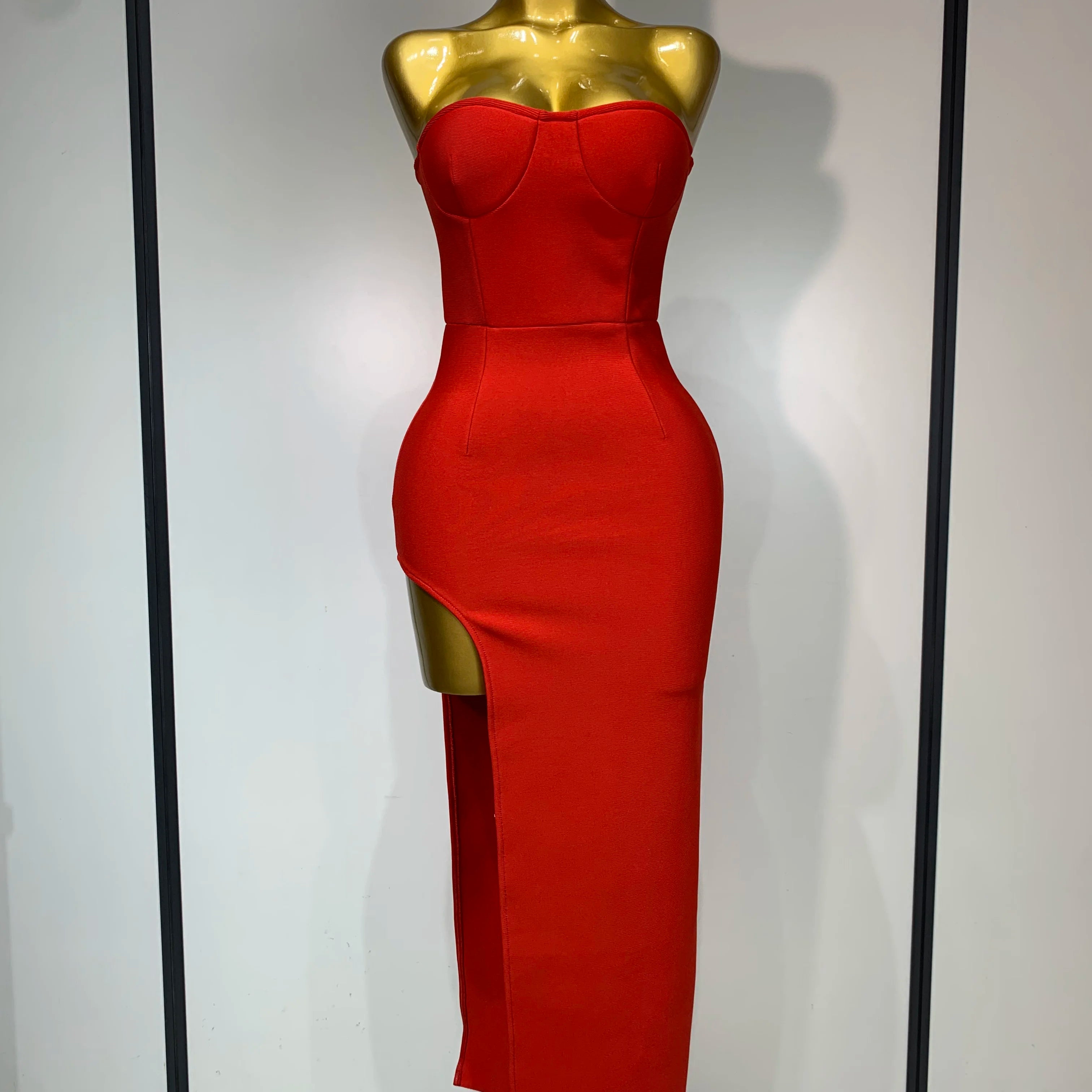 Sexy Red Strapless High Split Long Bandage Dress Luxury Birthday Dress Women Backless Bodycon Dresses Elegant Evening Party Gown Red