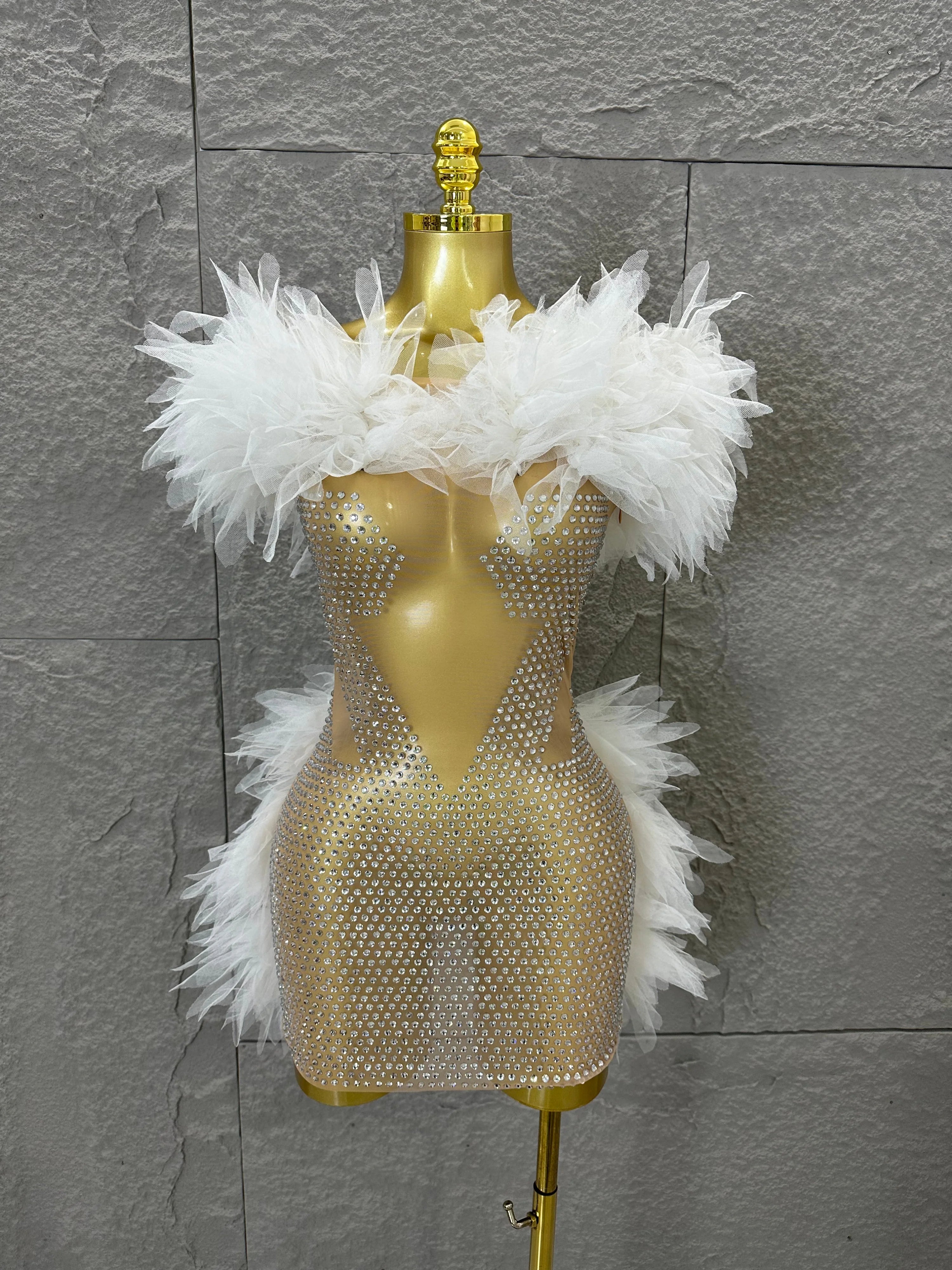 Bridal Shower Nightclub Birthday Party Dress Elegant Lace White Crystal Rhinestone Sheer Illusion Neck Tulle Mesh Mini Dress WHITE