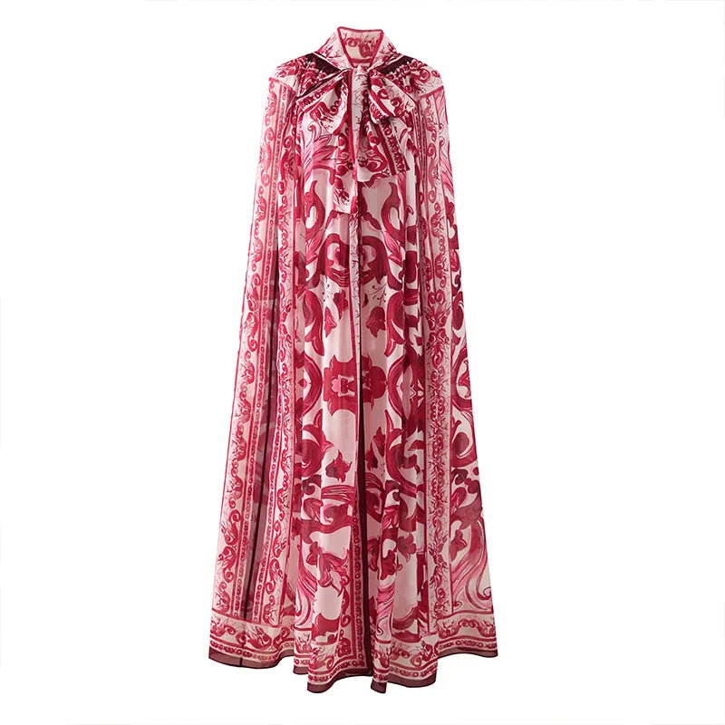New Fashion Loose Chiffon Porcelain Print Bow Cape Versatile Women’s Cloak Parties Vacations Stylish Scarf Collar Shawl Coat Red