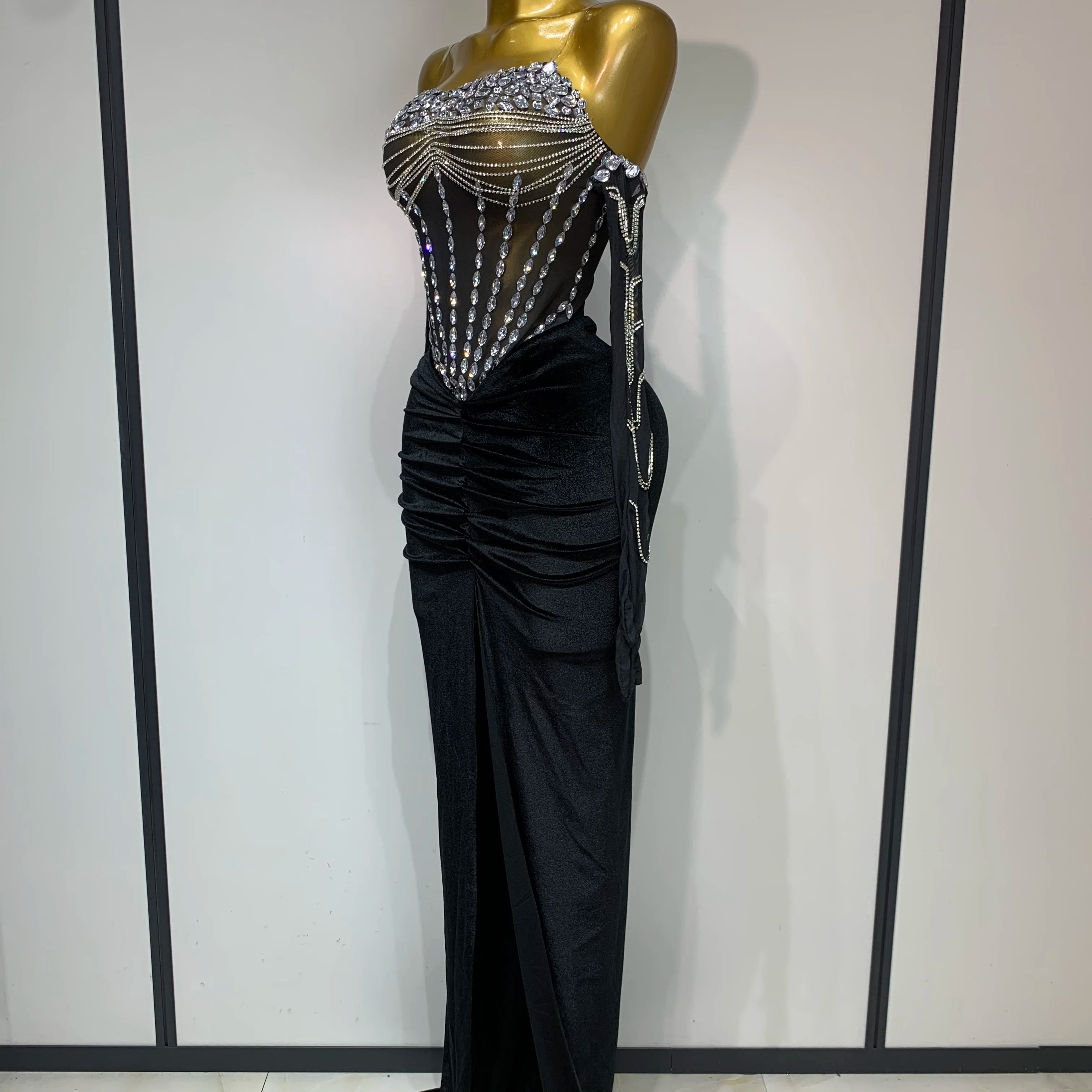 Women Sexy Strapless Rhinestone bodysuit Skirt Three Piece Set Celebrity Elegant Evening Party Birthday Dresses Stage Costume