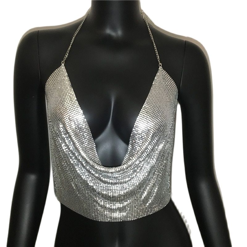 Women 2024 Sexy Metal Sequined Tank Camis Summer Gold Silver Backless Cropped Glitter Beach Club Show Wear Tank Tops Silver 25 cm One Size