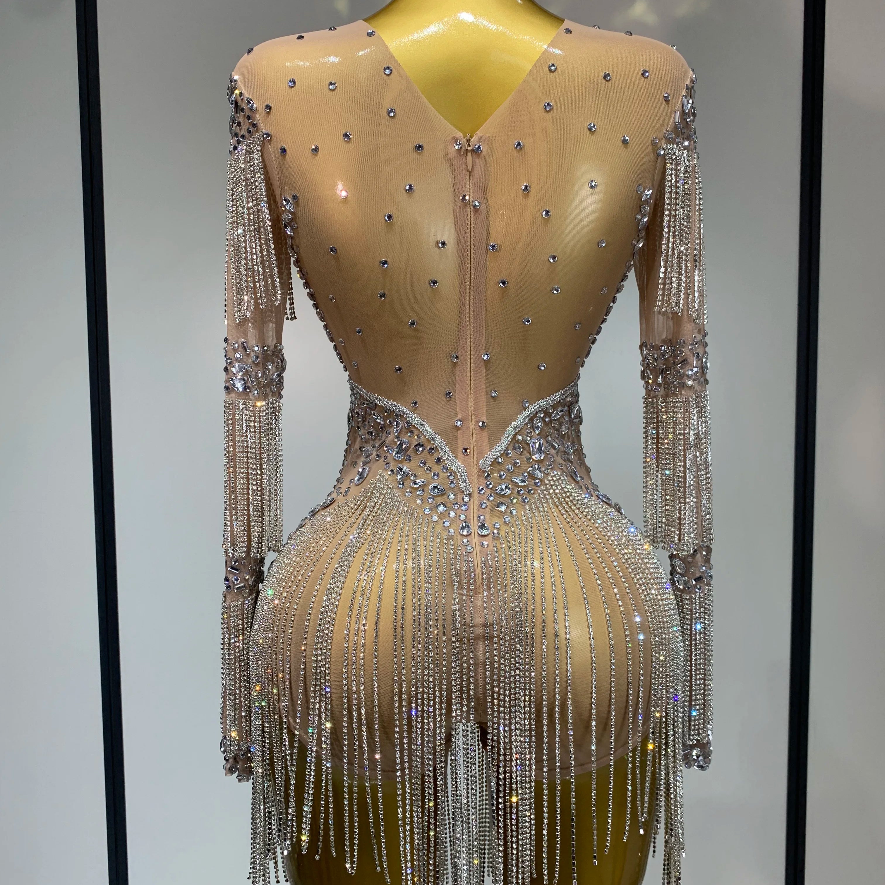 Women Sexy Mesh See Through Performance Dance Nightclub Rompers Singer Stage Outfit Sparkly Rhinestone Bodysuit Birthday Wear