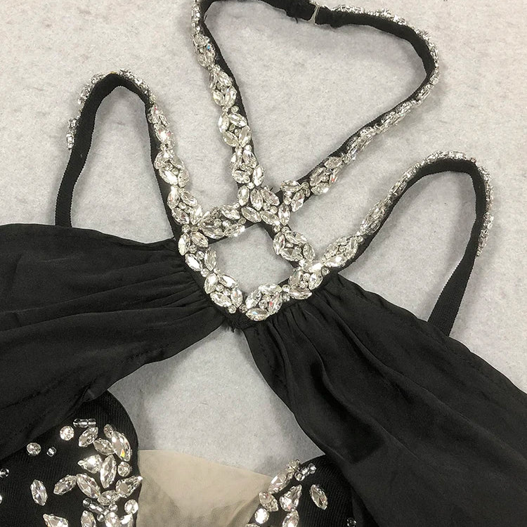 Eye-Catching Off-Shoulder V-Neck Hot Pink & Black Dress with Crystal Party Evening Gown