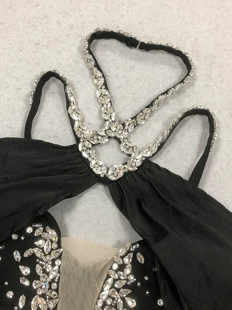 Eye-Catching Off-Shoulder V-Neck Hot Pink & Black Dress with Crystal Party Evening Gown