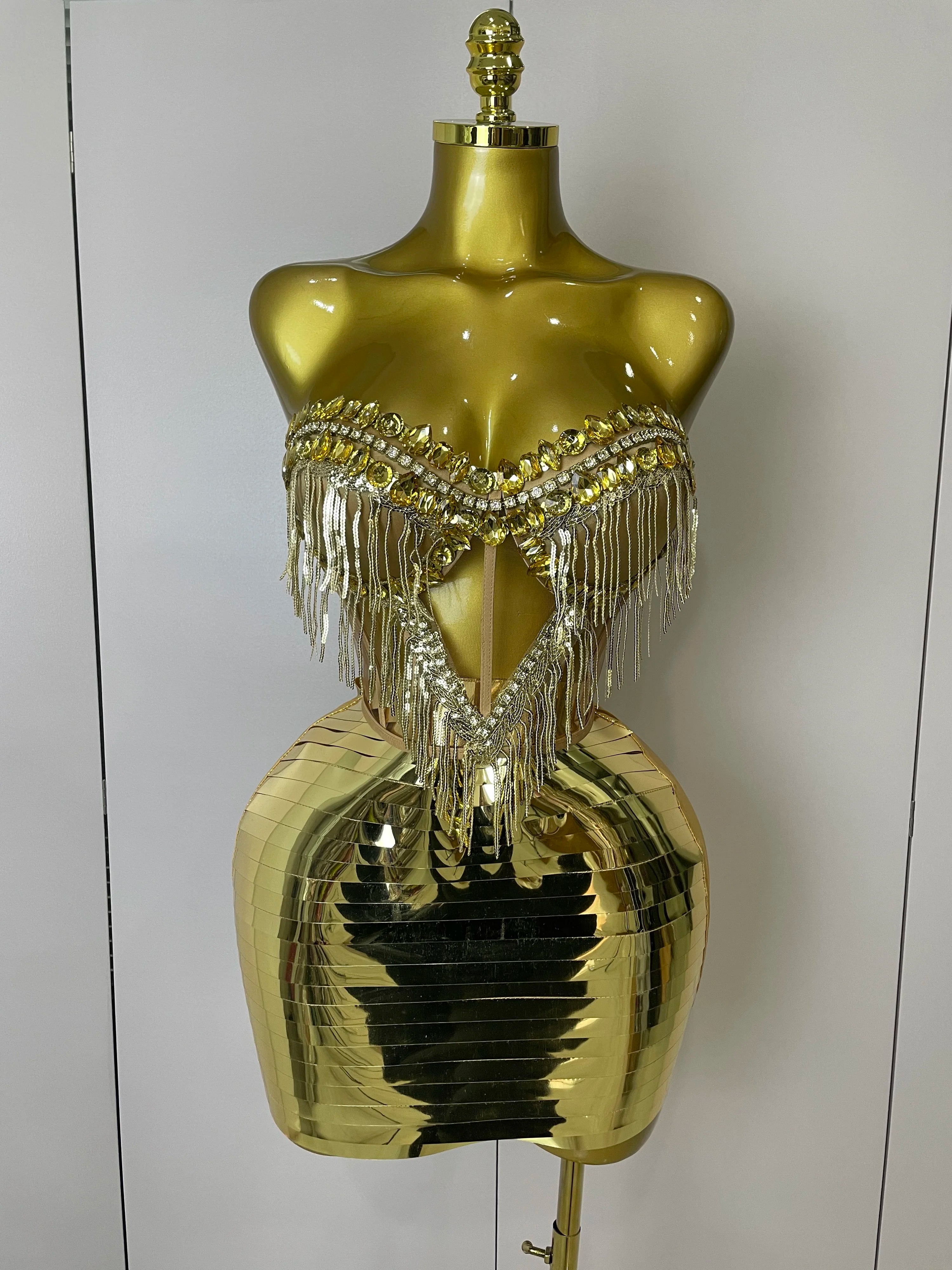 Sparkly Gold Rhinstones tassels Top Skirt Two-piec Set 2025 Women Sexy Strapless Designer Nightclub Evening Party Stage Outfit Gold