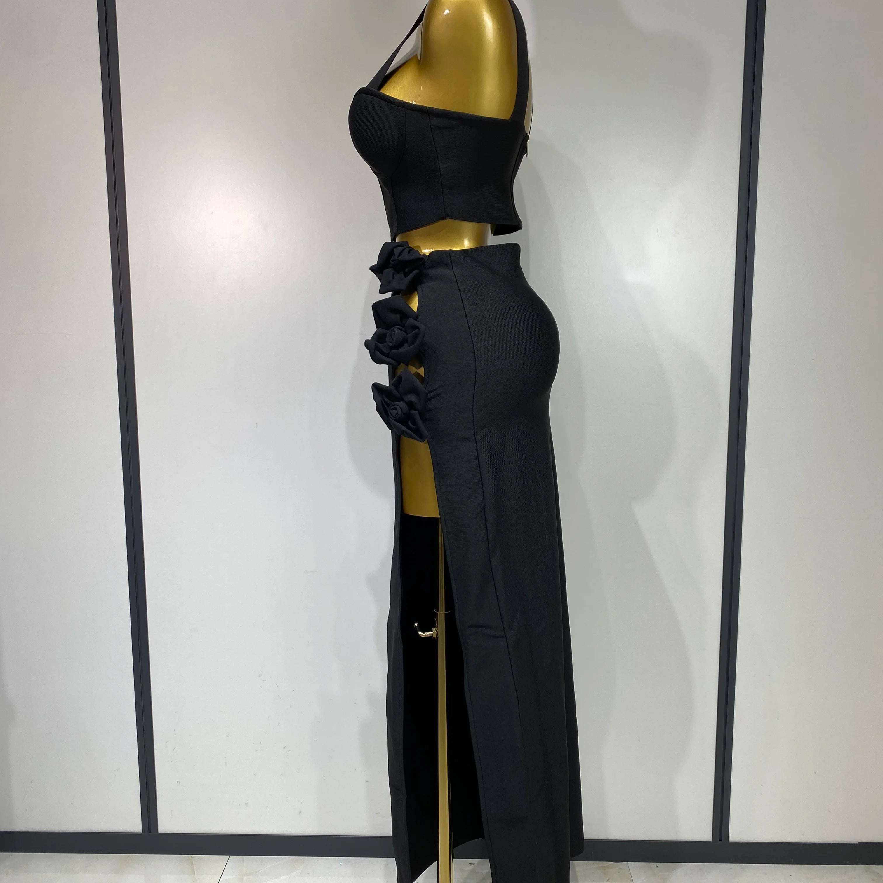 Summer New 2025 Women Sexy Flower Black Red Bandage Two Piece Set Celebrity Evening Party Skirt Suits Luxury Birthday Outfit