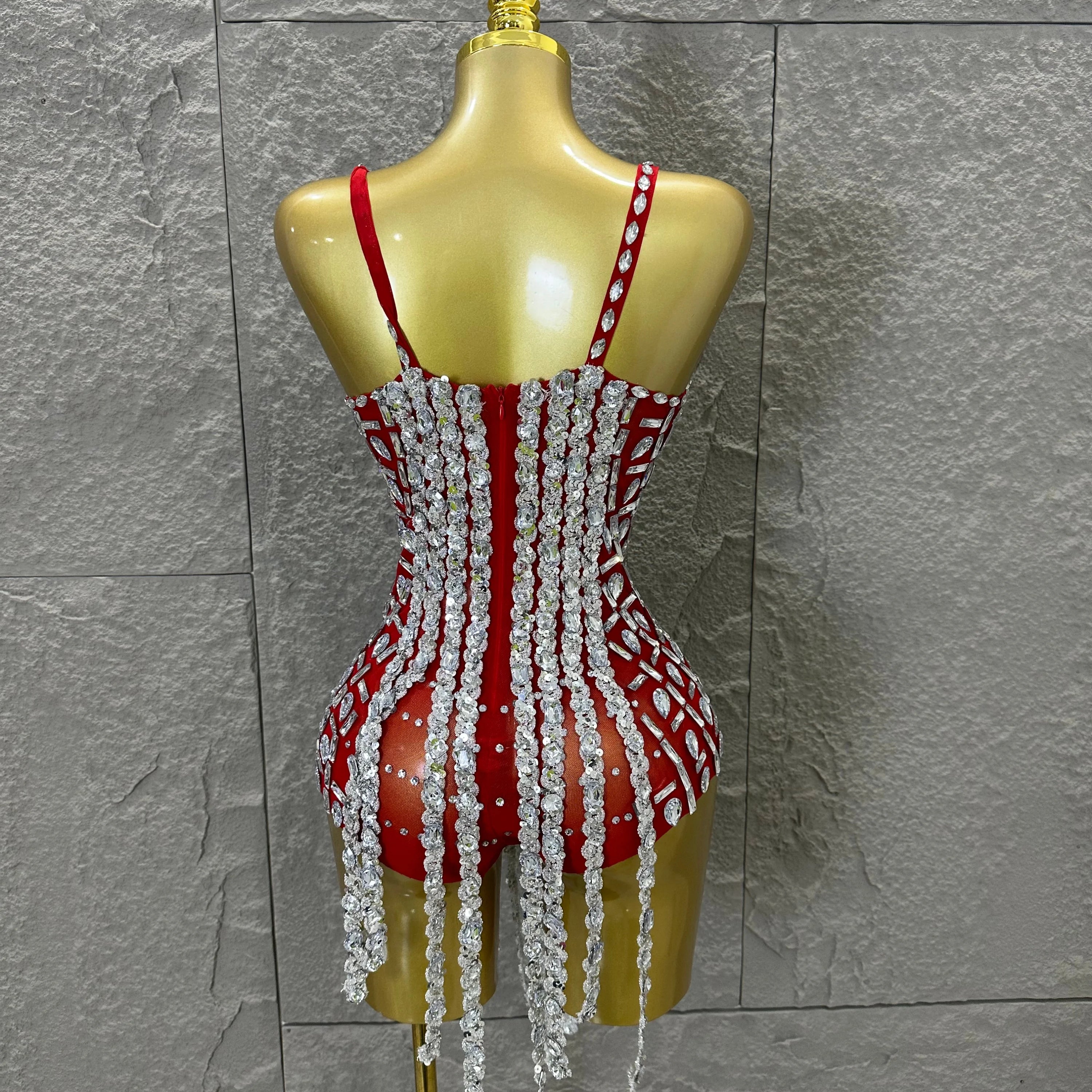 Sexy Sheer Mesh Bodysuit Women Spaghetti Strap V-Neck Full Crystal Embellished Fringe Bodycon Outfit Stage Performance Costume