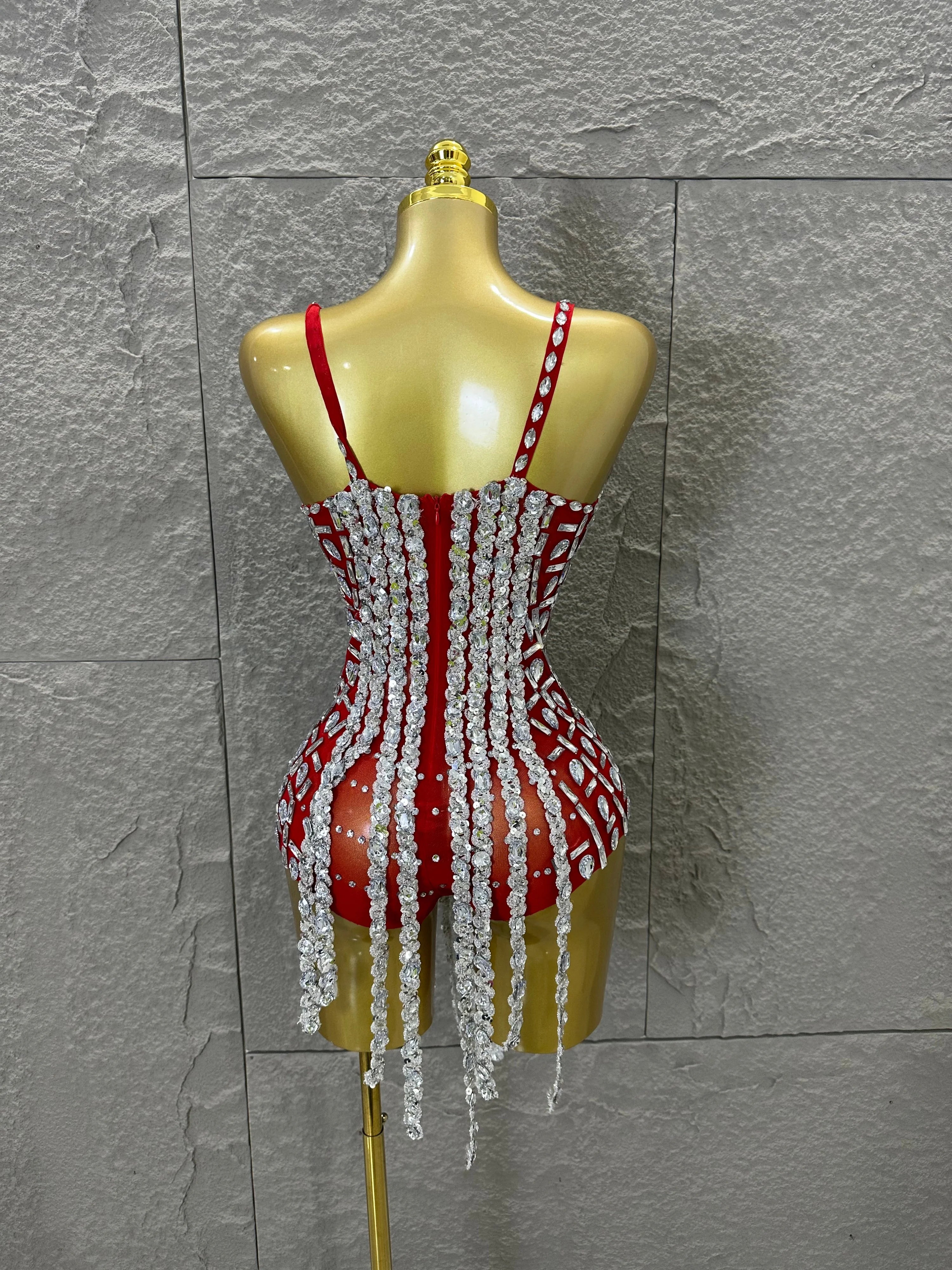Sexy Sheer Mesh Bodysuit Women Spaghetti Strap V-Neck Full Crystal Embellished Fringe Bodycon Outfit Stage Performance Costume