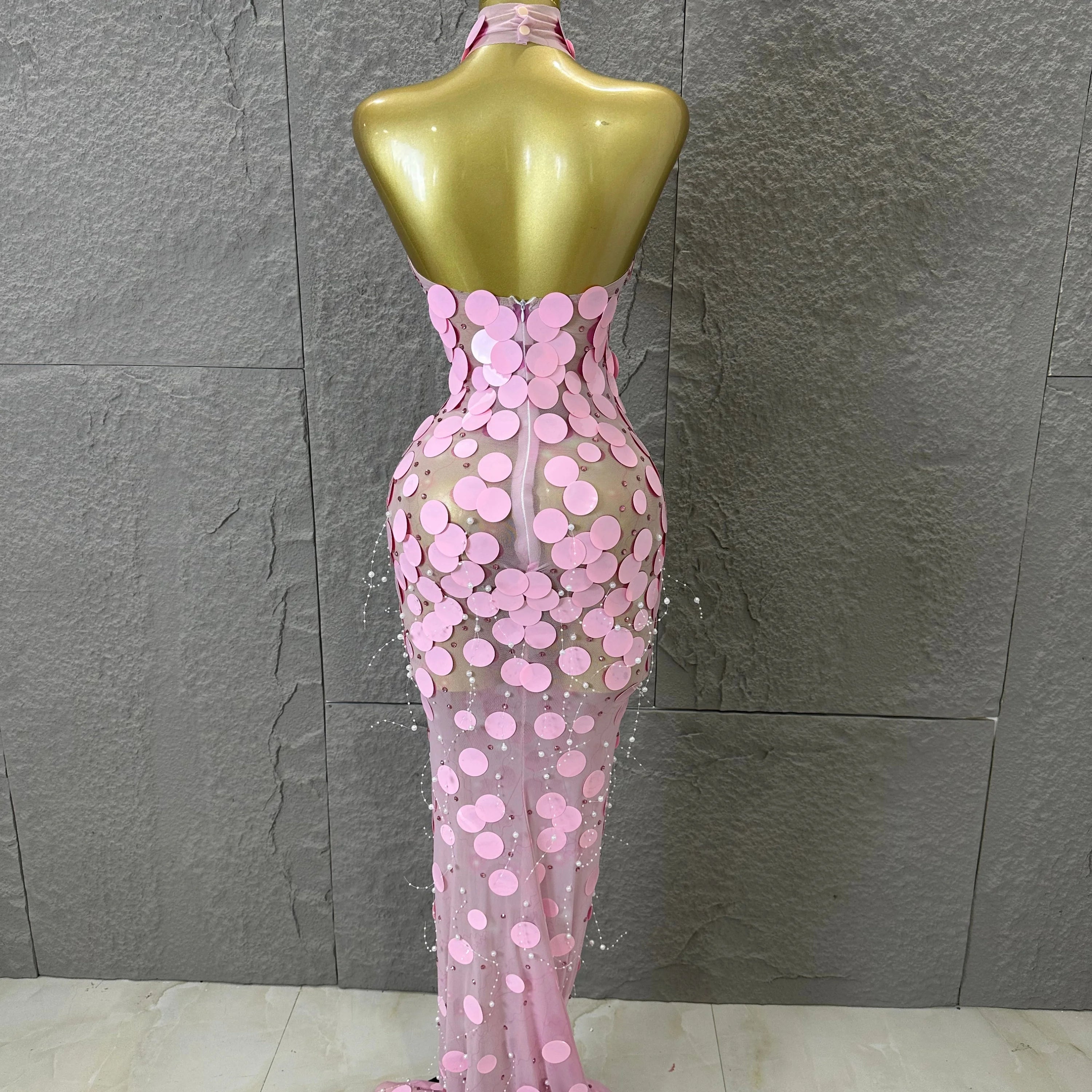 Sexy Pink Halter Neck Slim-fit Maxi Dress Women Pink Disc Pearl Mermaid Outfit Wedding Guest Evening Party Nightclub Costume