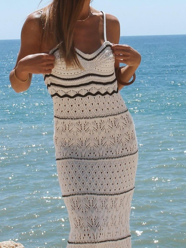 Summer New Dress - Beach Style Knitted Slim Fit Slim Strap Long Dresses Color Knitted Hollow Elegant Tight Vestidos