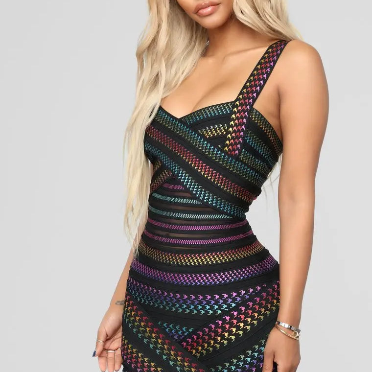 Wholesale Hot Sale Women Sleeveless Sexy Square Collar Foil Bodycon Bandage Mini Dress Nightclub Bar Party Celebrate Dress black