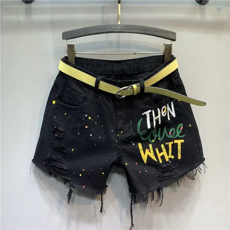 Korean Style Women Summer New Letter Printing Splash Paint Ripped Black Denim Shorts Personalized Fried Street Hot Pants Black