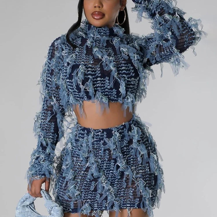 Weird Puss See Through Patchwork Women 2 Piece Set Elastic Tassel Thin Crop Tops+Skinny Skirts Matching Midnight Party Clubwear