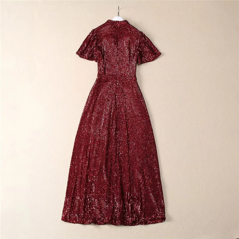 Solid Spliced Sequins Fashion Dresses for Women Round Neck Short Sleeves Patchwork Folds Elegant Dress Female New