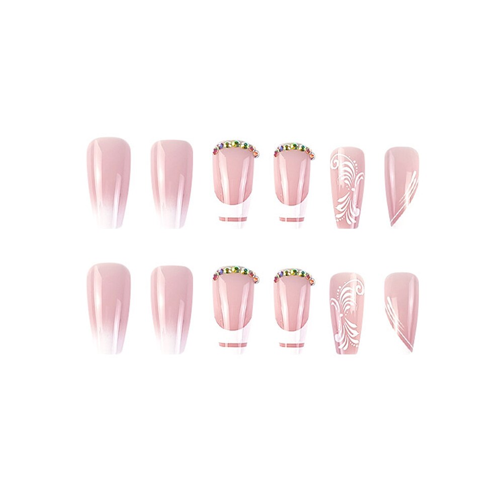 Trendy Rhinestones False Nail Tips With Print Designs Ballerina Manicure French White Fringe Coffin Fake Nails Set Press on Nail