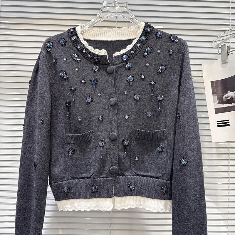 Winter New Fashion Beaded Rhinestone Contrast Color Lace Collar Knitted Cardigan Sweater For Women 11A07845