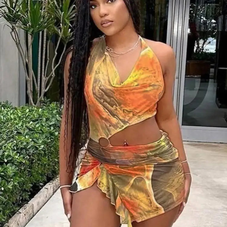 Joskaa Colorful Print Mesh Cutout Irregular Dress Women Hipster Sexy Halter Backless Split Slim Mini Dresses Holiday Wear