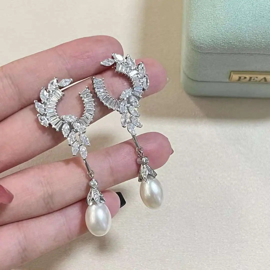 N Crown Princess with 925 Sterling Silver Plated Angel Wings 9-10MM Natural Freshwater Pearl Drop Earrings