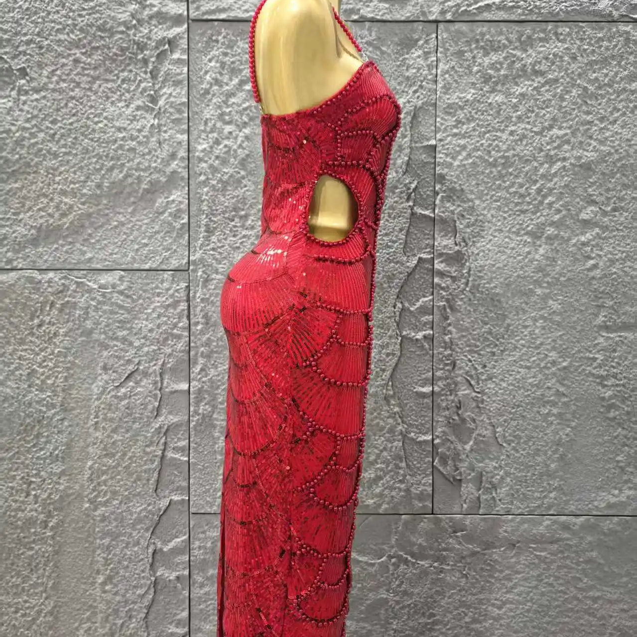 Red Color Women Sexy Sleeveless Pearl Beading Bodycon Mid-calf Dress Waist Hollow Out Celebrate Fashion Birthday Party Dress