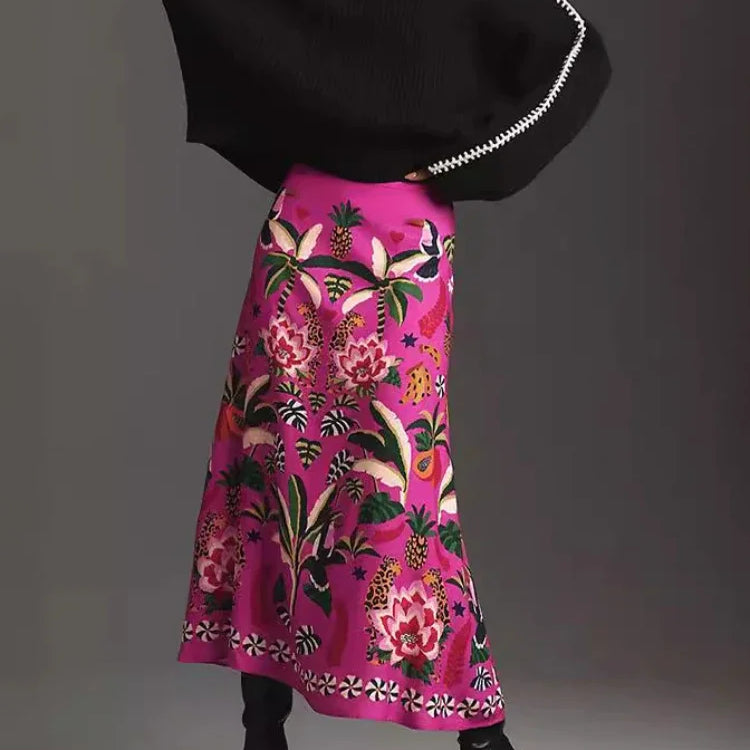 Spring/Summer New Street Tropical Plant Print Retro Half Skirt Women's Elegant Lower Half Colored Printed Half Skirt