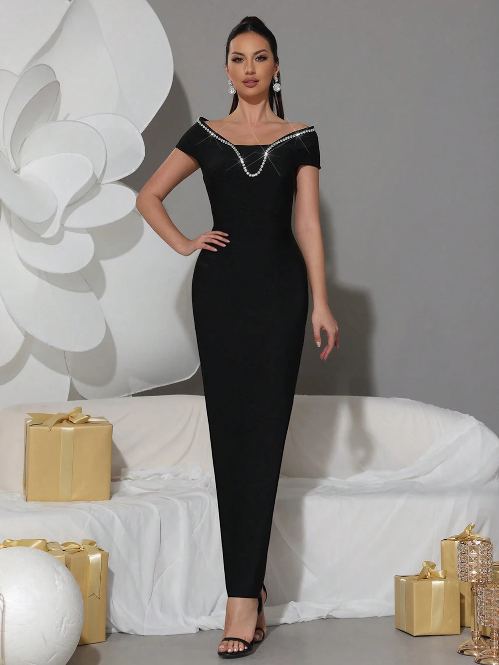 2025 New Sexy Off Shoulder Diamond Tight Bandage Maxi Long Dress Women's Short Sleeve Elegant Celebrity Evening Party Gowns
