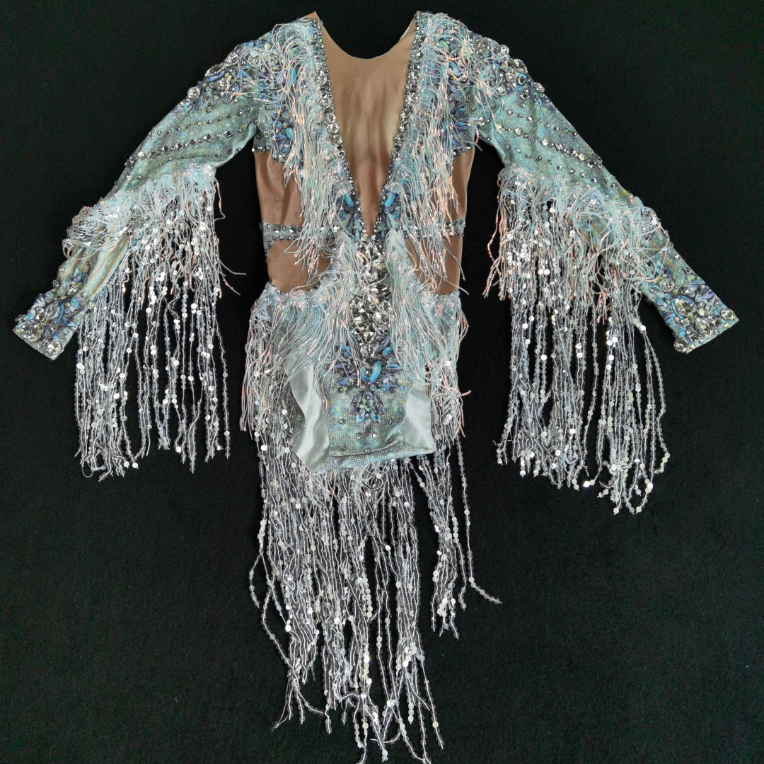 Sparkling Silver Rhinestone Sequin Tassel Party Bodysuit Women Stretch Dance Fringes Jumpsuit Club Bar Singer Leotard Stage Wear