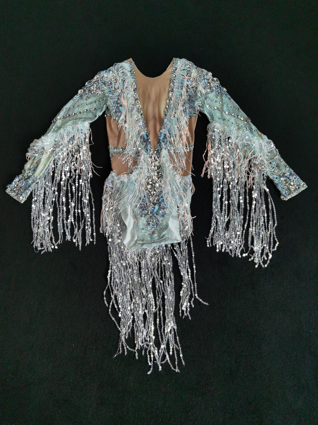 Sparkling Silver Rhinestone Sequin Tassel Party Bodysuit Women Stretch Dance Fringes Jumpsuit Club Bar Singer Leotard Stage Wear
