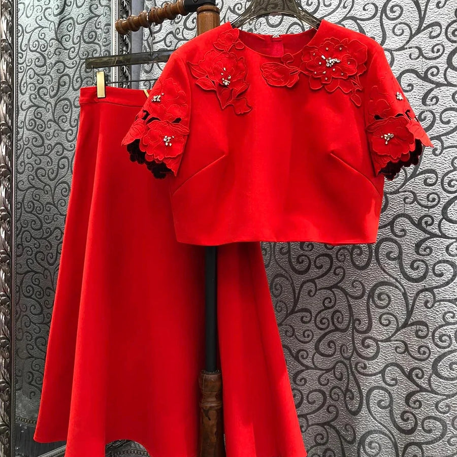 Solid Fashion Two Piece Sets for Women Round Neck Short Sleeves Patcwork Applique Top High Waist Skirt Set Female