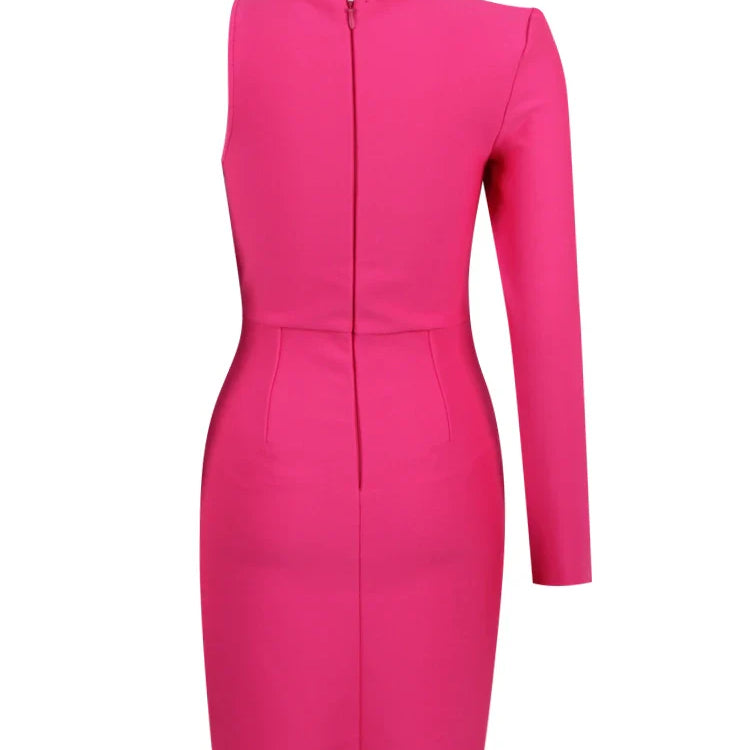 BEVENCCEL Women's New One Shoulder Long Sleeve Mesh Patch Diamond Bandage Dress Elegant Sexy Club Evening Party Mini Dress