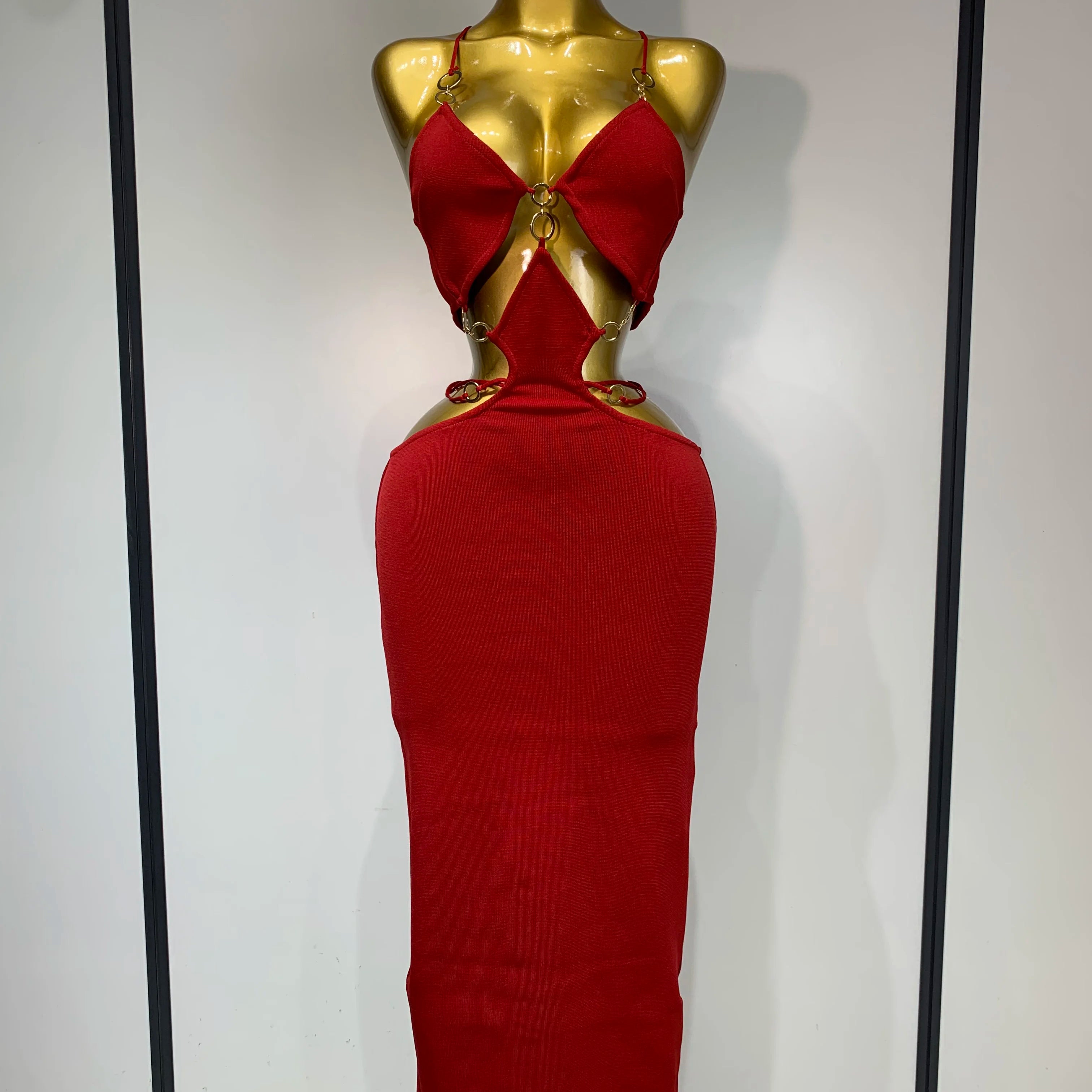 Women Sleeveless Sexy Halter Hollow Out Black Red Bodycon Long Bandage Dress 2025 Celebate Elegant Luxury Birthday Club Dress Red