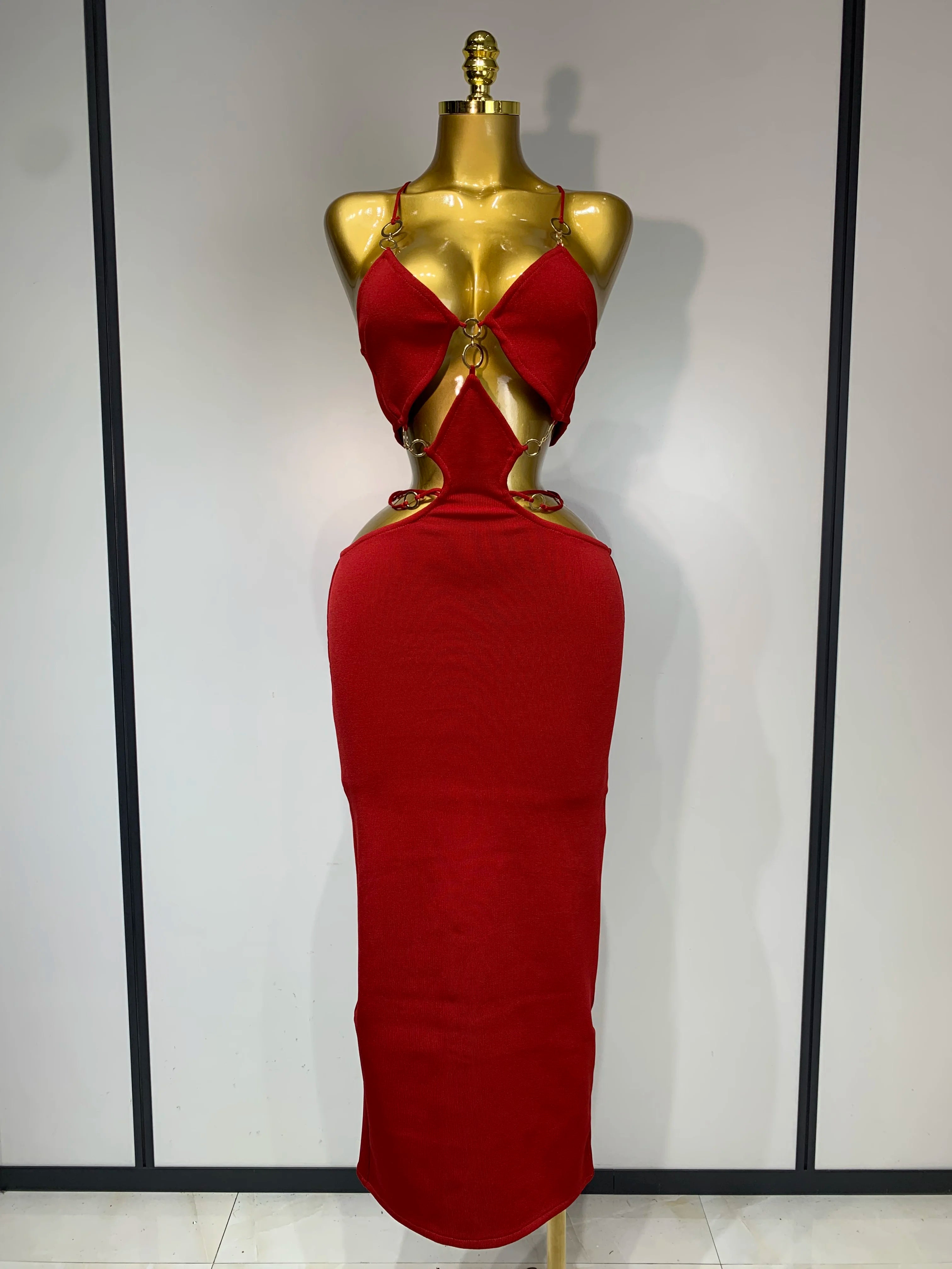 Women Sleeveless Sexy Spaghetti Strap Hollow Out Bodycon Long Bandage Dress 2025 Celebate Elegant Luxury Birthday Club Dresses Red