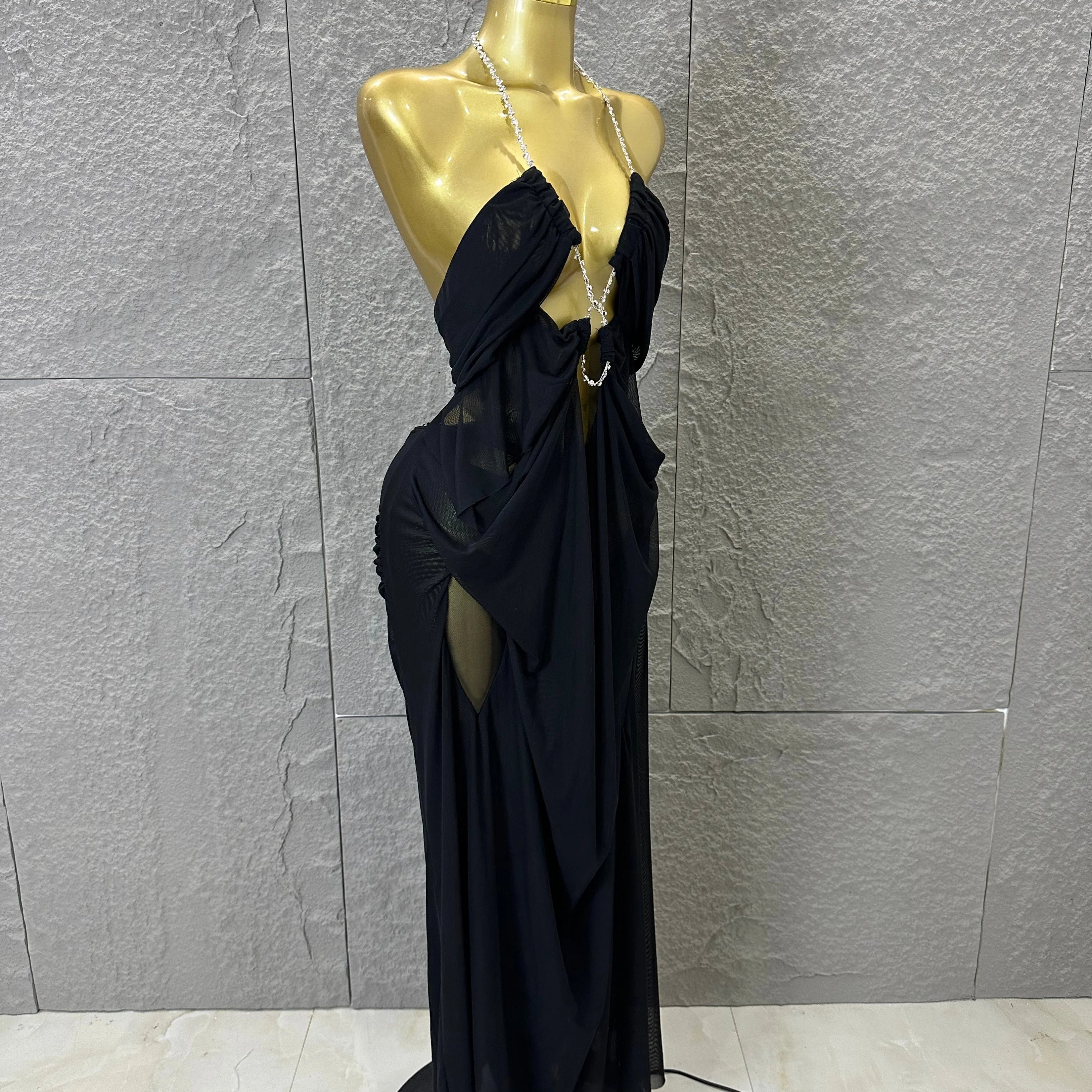 Sexy Halter Neck Maxi Dress Crystal Chain Cutout Ruched Women Sheer Mesh Form Outfit Glamorous Evening Gala Party Costume