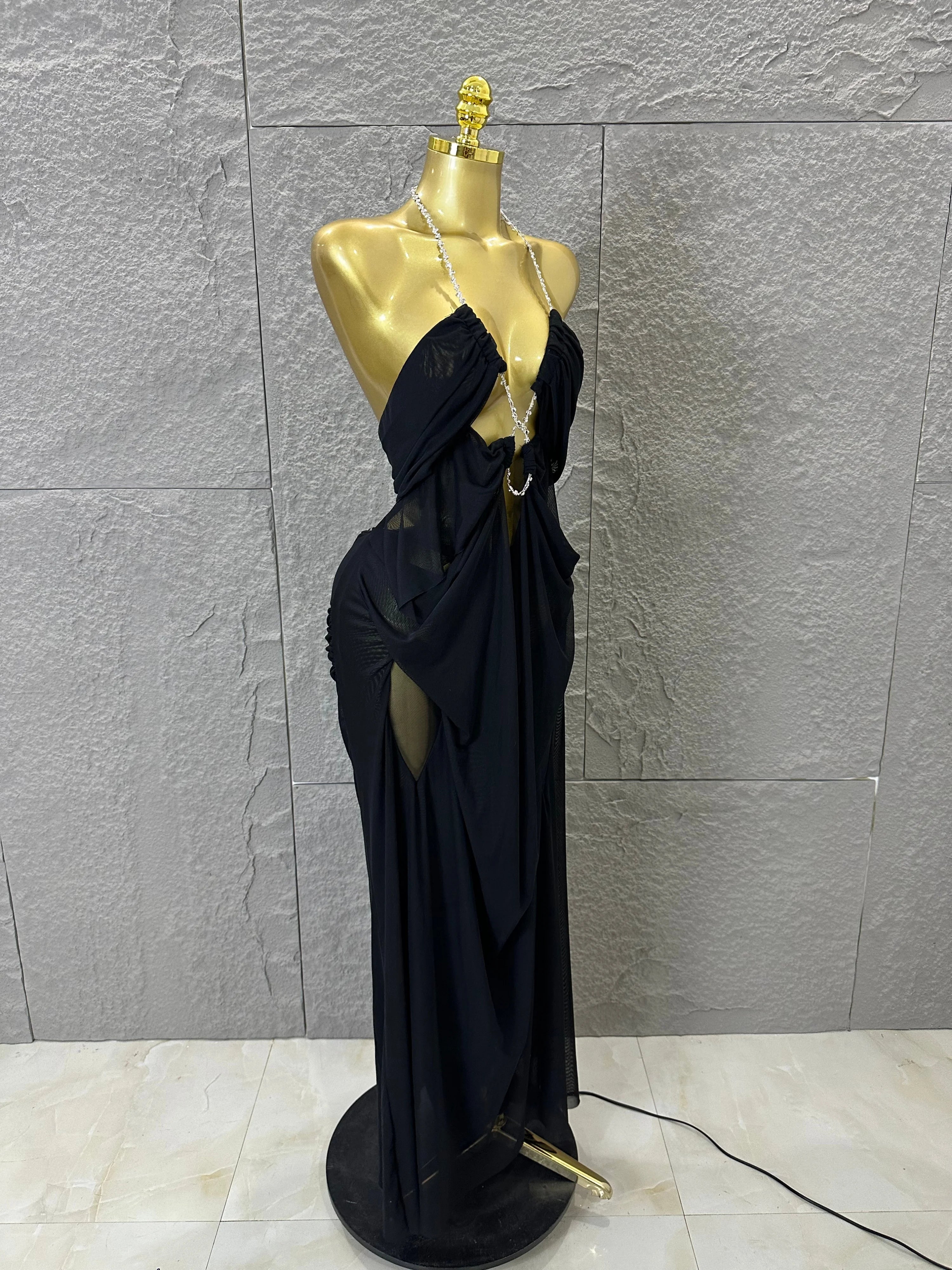 Sexy Halter Neck Maxi Dress Crystal Chain Cutout Ruched Women Sheer Mesh Form Outfit Glamorous Evening Gala Party Costume