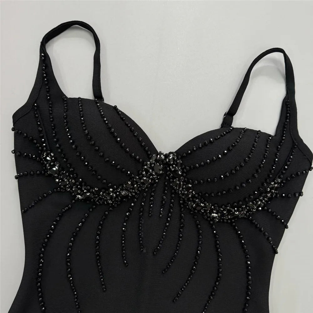 2025 Sexy Women Three-Dimensional Rhinestone Design Bandage Dress Spaghetti Strap Sleeveless Bodycon Backless Midi Dress Vestido