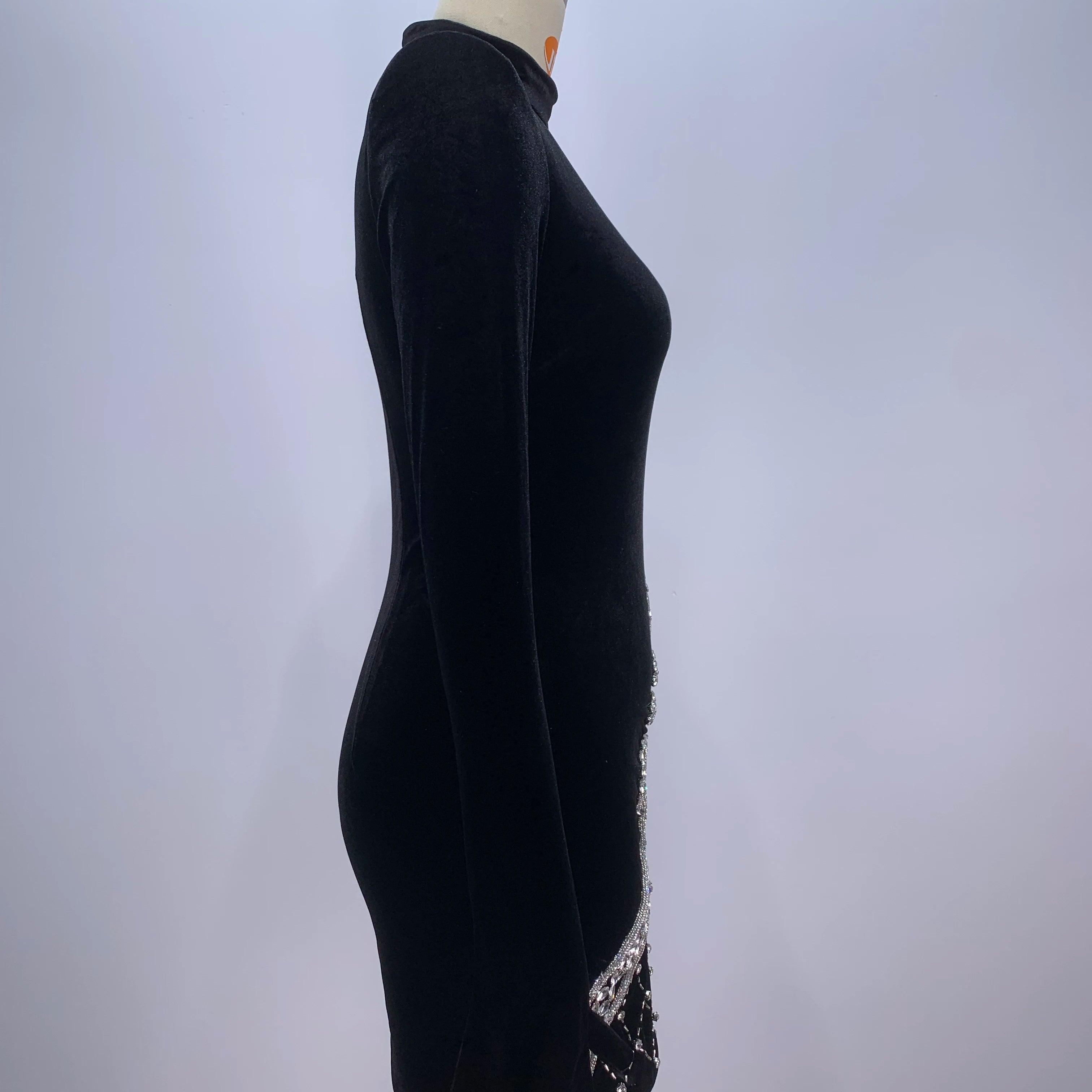 2024 New Fashion Women Long Sleeve Gloves Velvet Bodycon Mini Dress Sparkly Crystal Fashion Nightclub Party Cocktail Dress