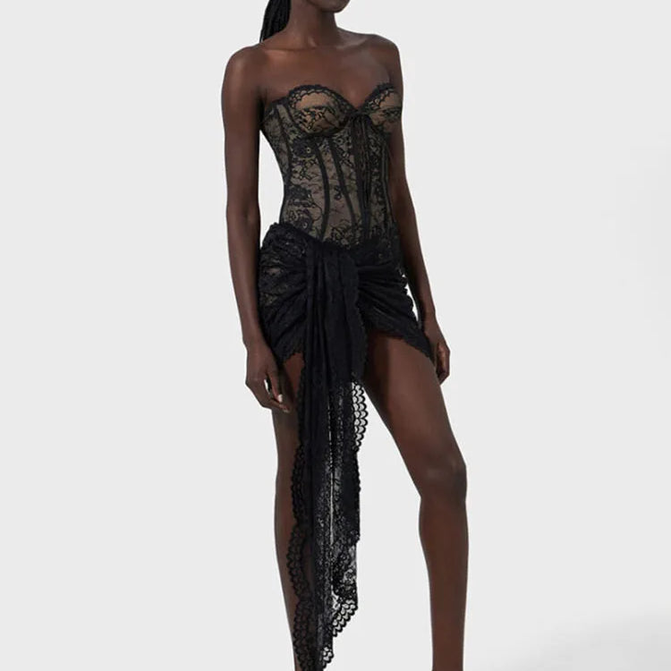 Fashion Black Lace Strapless Corset Mini Dress with Asymmetrical Skirt for Fashion-Forward Events Evening Gown