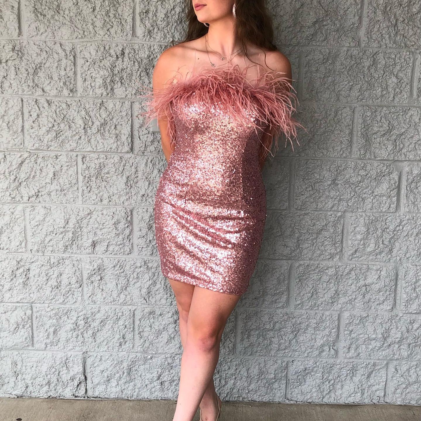 Sequin Mini Hoco Dress 2024 NYE Feather Strapless Short Lady Formal Homecoming Party Gown Club Night Cocktail Prom Gala RoseGold Rose Gold