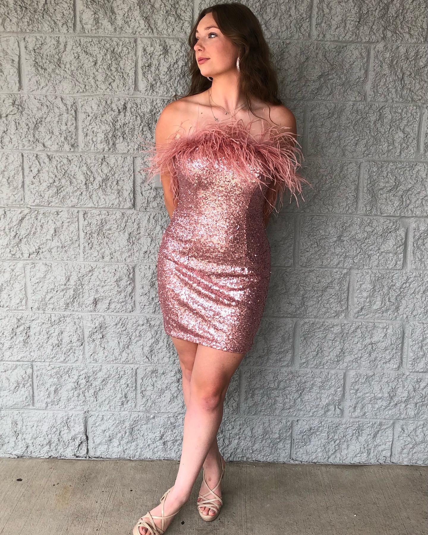 Sequin Mini Hoco Dress 2023 NYE Feather Strapless Short Lady Formal Homecoming Party Gown Club Night Cocktail Prom Gala RoseGold