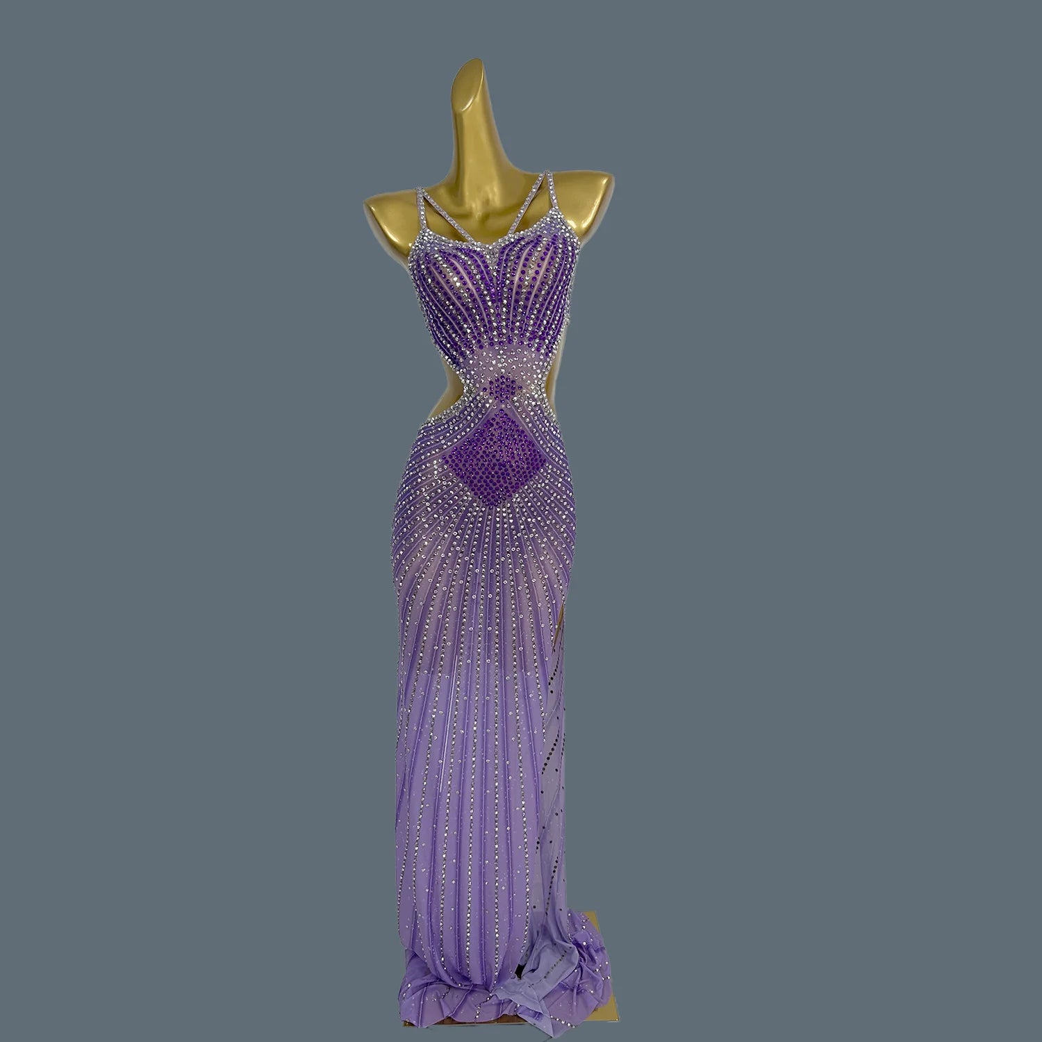 Elegant Crystal Party Evening Gown Cocktail Long Dress Dinner Gown Women Costume Sexy Sparkly Rhinestone Club Party Dress Xigua PURPLE One Size