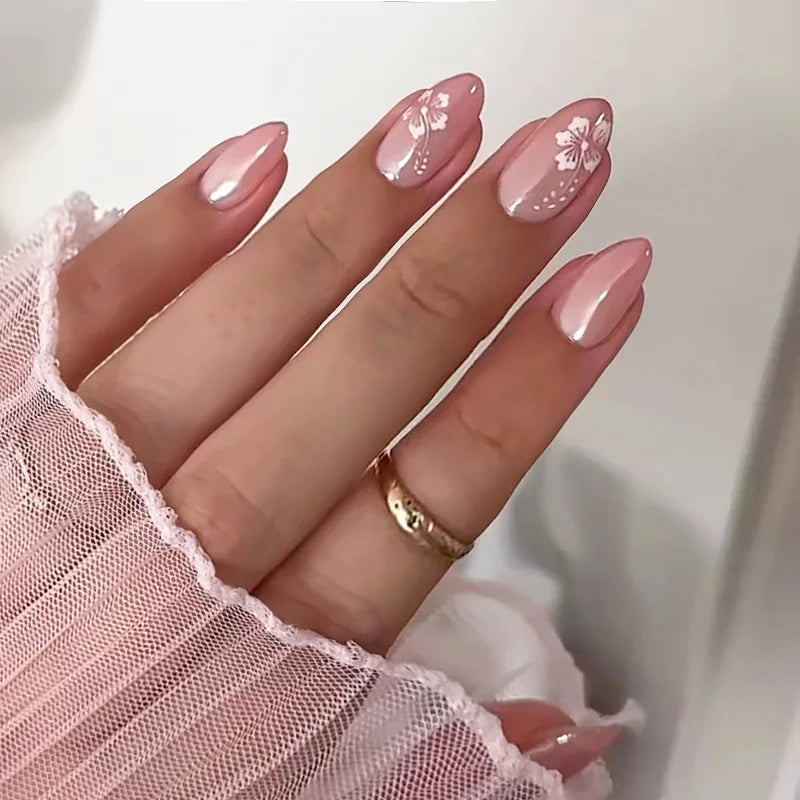 24Pcs Gradient Pink Nails Set Press on Cute French Press on False Nails Flower Design Wearable Almond Full Cover Fake Nail Tips 1802