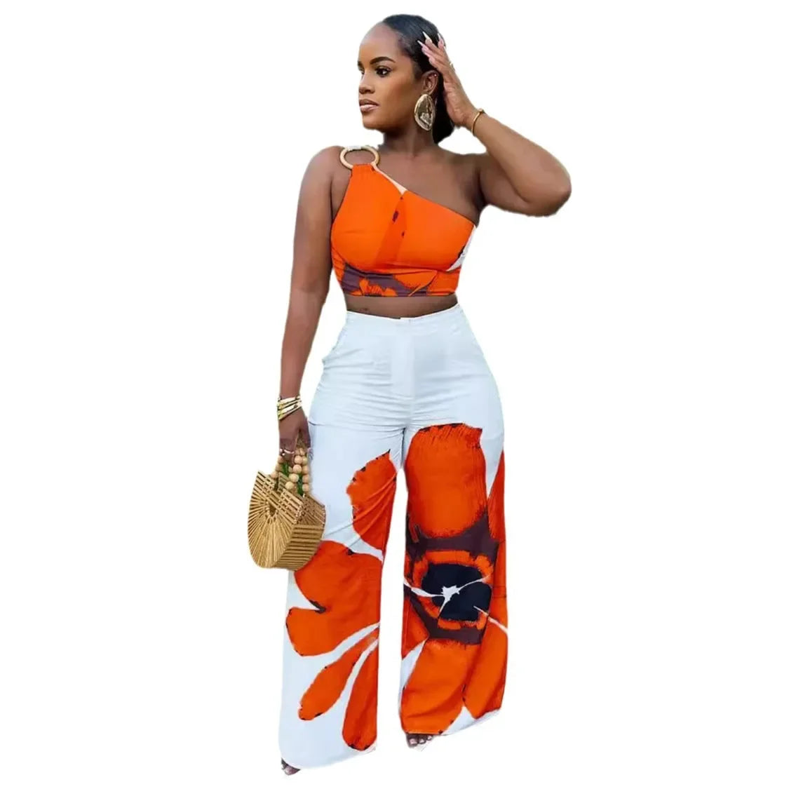 Women Set Floral Print Sleeveless Skew Collar Tops +Wide Leg Pants Two 2 Piece Set Outfit 2024 Summer Street Tracksuit Orange