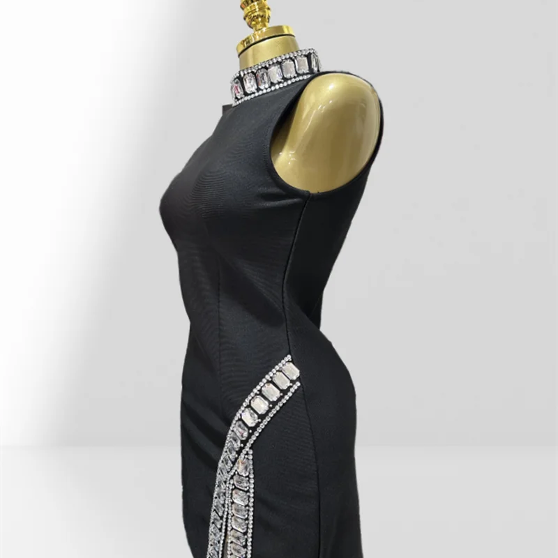 New Summer Super shining Diamonds O-neck Sleeveless Bandage Mini Dress Fashion Woman Birthday Party Dress Music Festival Outfit