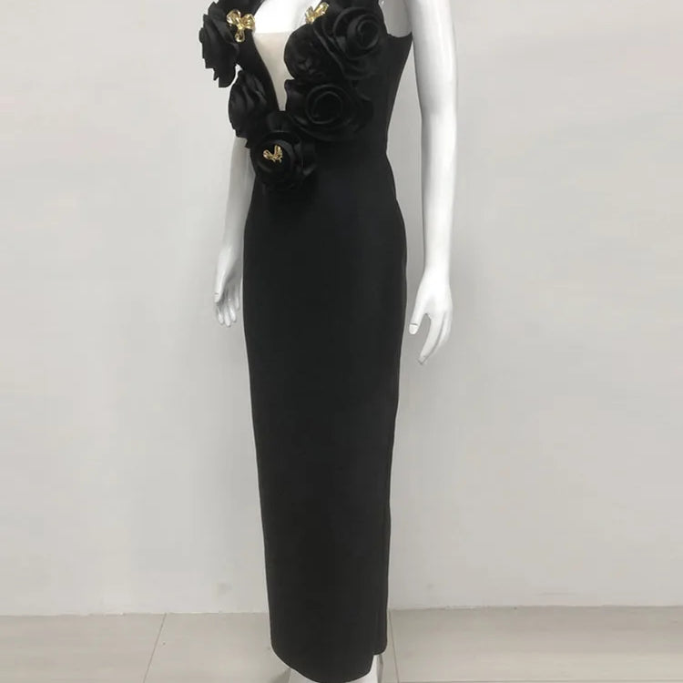 Chic Women Celebrity Sexy Deep V Neck Flower Black Maxi Long Bandage Bodycon Dress 2025 Elegant Evening Club Party Outfit