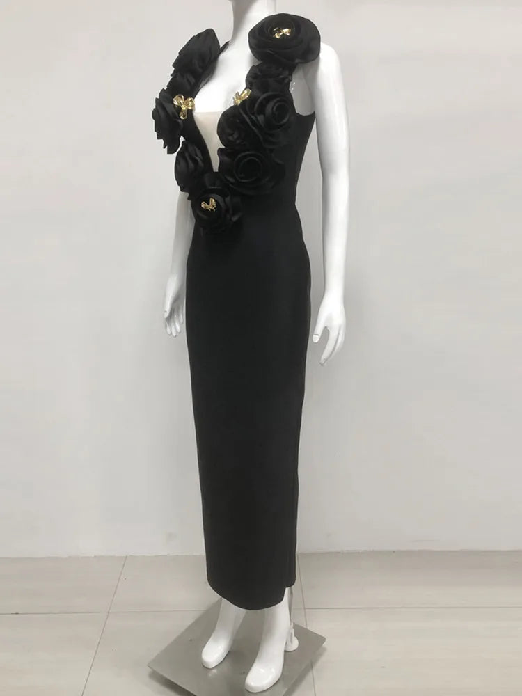 Chic Women Celebrity Sexy Deep V Neck Flower Black Maxi Long Bandage Bodycon Dress 2025 Elegant Evening Club Party Outfit